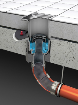 ACO Bodenablauf Passavant mit Geruchverschluss und vorhandener Wasservorlage.