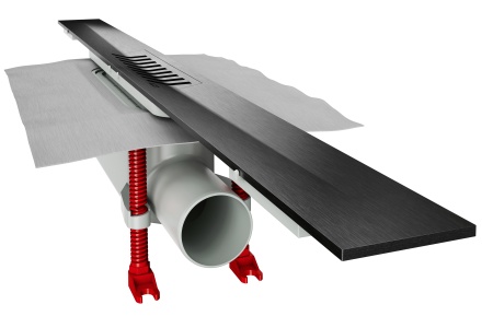 Die mittels Elektropolitur veredelte Duschrinne ACO ShowerDrain S+ ist in den Farbvarianten Edelstahl und Schwarz erhältlich.