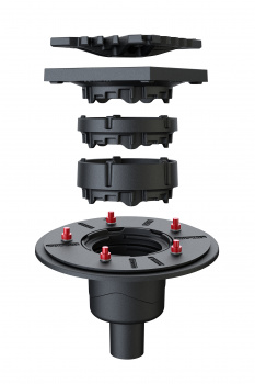 Die Explosionszeichnung zeigt über dem Ablaufkörper die zwei neuen, stapelbaren Höhenverstellringe. Sie ermöglichen eine stufenweise Anpassung um 5 mm im Bereich von mindestens 25 bis maximal 60 mm.