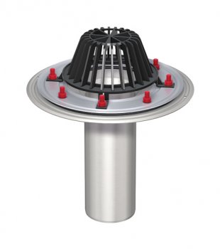 Einteiliger Flachdachablauf ACO Spin aus Edelstahl für Freispiegelentwässerung.