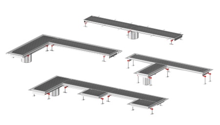 Die Rinnenverläufe lassen projektspezifisch anpassen – etwa durch die Integration von Winkelstücken (90° oder Sonderwinkel), T-Stücken oder Stichrinnen, die an vorhandene Ablaufleitungen oder Raumstrukturen angepasst werden.