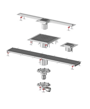 ACO Kastenrinne als Systemlösung: Alle Komponenten – von Rost und Schmutzfang über Ablaufkörper bis zum Zubehör – sind aufeinander abgestimmt und für verschiedene Bodenaufbauten und Anforderungen optimiert.
