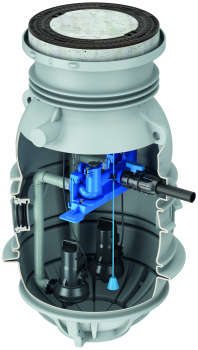 Pumpstation ACO Muli-Max B125 Duo mit zwei Tauchpumpen und Schachtabdeckung der Belastungklasse B125 (mit PKW befahrbar).