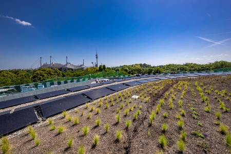 Ein Highlight des Bauwerks ist das ovale, 13.094 qm große, intensiv begrünte und mit PV-Anlage bestückte Dach mit Entwässerungstechnologie von ACO Haustechnik.