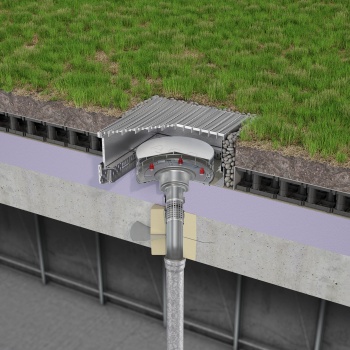 Für die Entwässerung von Gründächern eignet sich der Flachdachablauf ACO Variant-Flex in Kombination mit einem höhenverstellbaren Dachaufsatz mit Rost. Der Flachdachablauf wird mit dem Siebrohr direkt in die ACO WU-Wand- und Deckendurchführung eingesteckt.