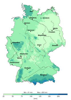 Normalwerte der montalichen Niederschlagsmenge im September von 1971–2000.
