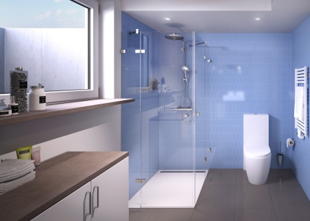 Kann sich sehen lassen: Mit einem stattlichen, gästebad-unüblichen Boden- bzw. Flächenmaß von 80 x 100 cm steht die neue Eckdusche auf einer bodenebenen Duschwanne: Modell 270 der Serie FREDERIKE von glassdouche.