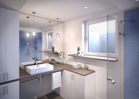 Nach außen öffnende Drehtür-Beschläge in klassischer Ästehtik und technischer Vollendung, mit komfortablem Hebe-Senk-Scharnier, dusch-innenseitig flächenbündig in 6 und 8 mm starkem Einscheiben-Sicherheitsglas montiert. 