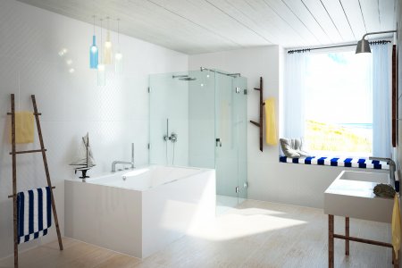 Eckdusche AUGUSTINA von glassdouche, Modell 214, Maße 120 x 110 x 200 cm, innenbündige Design-Beschläge mit Pendeltür-Technologie und Hebe-Senk-Mechanik.