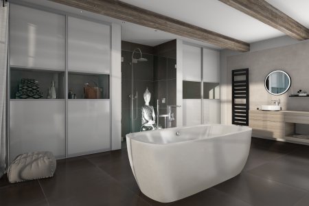 Die Dusch-Tür enthält das aufgelaserte Design-Motiv BUDDHA der Serie LETIZIA von glassdouche.