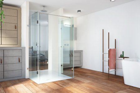 Dusche badseits: JOSEPHINE von glassdouche, Modell 310, mit zwei Türgläsern (Breite je 60 cm, nach innen öffnend) und zwei Seitengläsern (Breite jeweils 80 cm, die Oberkanten verbunden durch eine Aussteifungsstange RUTH), Höhe 200 cm.