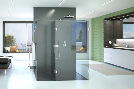 Die Beschläge JOSEPHINE von glassdouche können trotz geringer Maße sehr große und damit schwere Gläser tragen: Hier Modell 301 Variant – Höhe 200, Tiefe 98, Gesamtbreite 176 cm – mit einem Frontglas, zwei Seitengläsern und einer am Frontglas montierten, nach innen um bis zu 180° öffnenden Drehtür.