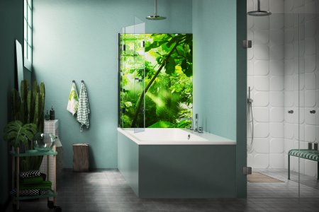 Wer überwiegend badet, aber trotzdem nicht ganz auf eine Möglichkeit zum Duschen verzichten möchte, entscheidet sich am besten für die "Badewanne mit faltbarem Badewannenaufsatz": Hier mit einem festen Seitenglas, montiert mit dem glassdouche Multiprofil, sowie zwei beweglichen Gläsern, verbunden durch Beschläge JOSEPHINE. Dazu eine LED-Leuchtwand HELENE, Motiv Jungleworld.