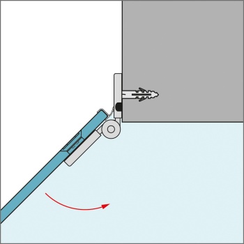 glassdouche JOSEPHINE Glas-Wand-Scharnier, Montage 135°, flächenbündig im Glas, Wandschenkel innen, nach außen öffnend.