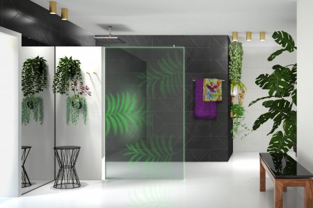 Glassdouche Serie LUCILIE Modell 401 B mit InLaser-Motiv LEAVES, hier in den Maßen 200 x 120 cm, durchleuchtet mittels grüner LEDs im seitlichen Wandprofil.