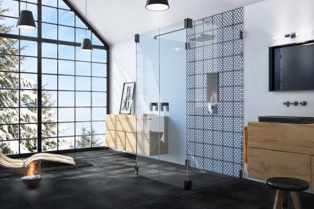 glassdouche MARGARETHE Modell 310, Wand-Dusche mit zwei festen Seitengläsern, zwei nach innen und außen öffnenden Pendeltüren und Aussteifungsstange. Beschläge in der Sonderfarbe Aranja Matt.