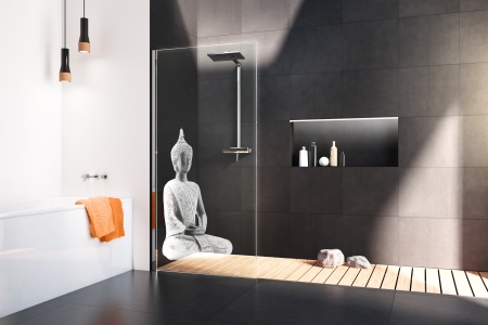 Customizing dient auch im Badezimmer vor allem zwei Zwecken: Erfüllung individueller (Design-)Ansprüche und Präsentation der eigenen Persönlichkeit. Hier das glassdouche Lasermotiv BUDDHA.