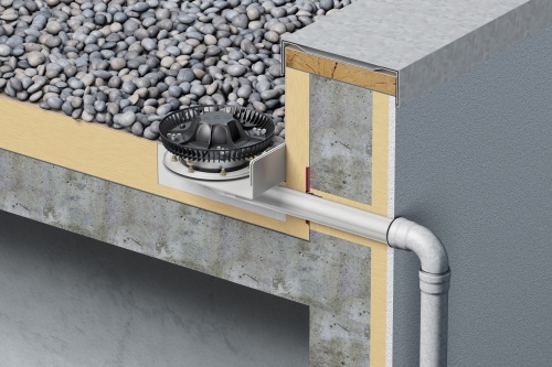 Nahezu wärmebrückenfreier Einbau durch geringe Einbautiefe: Der neue ACO Attikaablauf Spin/Jet wird in der Dachdämmung nach außen durch die Attika geführt.