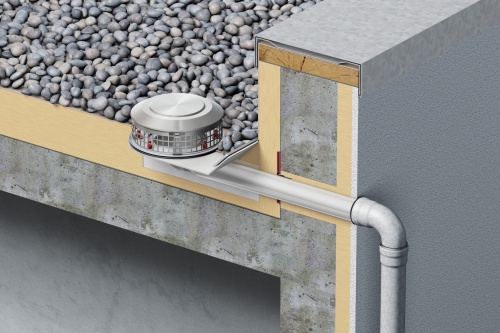 Der neue ACO Attikaablauf Spin/Jet, hier mit Kiesfang, für die Freispiegelentwässerung.