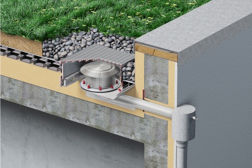 ACO Attikaablauf Spin/Jet aus Edelstahl mit Retentionsaufsatz. Bei Regenereignissen wird das Regenwasser durch die definierte Drossel des Retentionsaufsatz zeitverzögert in den Attikaablauf Spin/Jet eingeleitet.