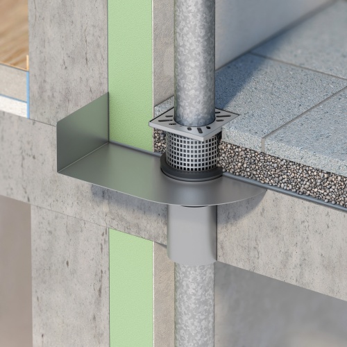 ACO Haustechnik Balkonablauf mit Wandaufkantung für den Einbau in eine Balkonplatte mit Flüssigkunststoffabdichtung und zusätzlicher Belagsoberfläche im Wärmedämmverbundsystem.