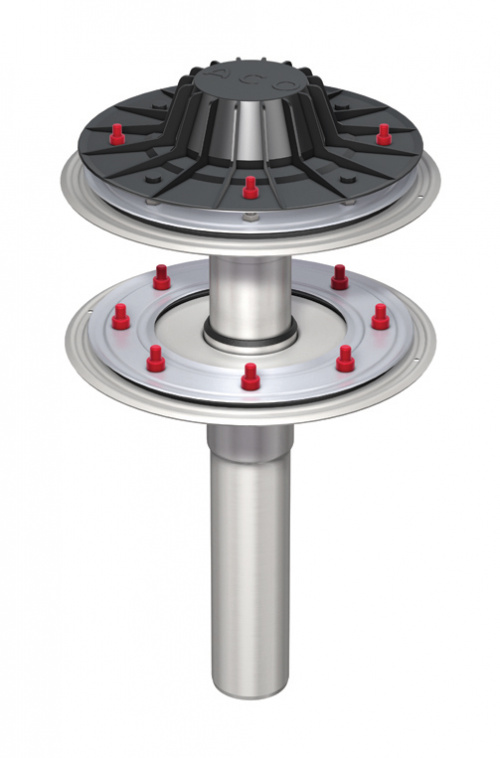 Zweiteiliger Flachdachablauf ACO Jet aus Edelstahl für Unterdruckentwässerung.