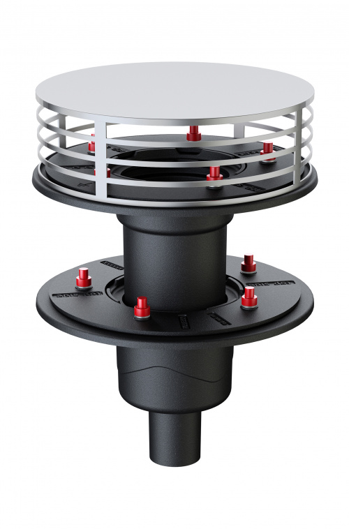 Zweiteiliger Flachdachablauf ACO Jet aus Gusseisen für Unterdruckentwässerung.