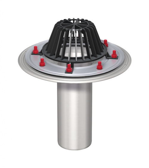 Einteiliger Flachdachablauf ACO Spin aus Edelstahl für Freispiegelentwässerung.