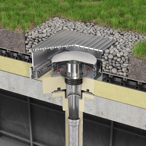 Zweiteiliger Flachdachablauf Variant-Spin, bestehend aus Flachdachablauf Variant-Flex, Isolierung, Oberteil, Isolierkörper für Oberteil, Retentionsaufsatz, Kiesfang und Dachaufsatzrahmen mit Rost. An den Flachdachablauf Variant-Spin lässt sich drirekt das ACO GM-X Rohr anschließen.