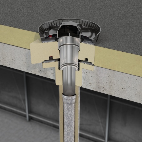 Zweiteiliger Flachdachablauf ACO Variant-Jet mit Isolierung, Oberteil, Isolierkörper für Oberteil und Luftschleuse. Das ACO GM-X Rohr kann direkt angeschlossen werden.