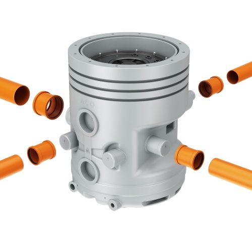 Der Grundkörper aus Polyethylen besitzt sieben verteilte Zuläufe für den Anschluss von Kunststoffrohren mit Außendurchmessern 110 oder 160 mm. Zum einfachen Anschluss von im Keller verteilten Entwässerungsgegenständen sind diese Zuläufe auf verschiedenen Höhenniveaus rund um den Grundbehälter verteilt.