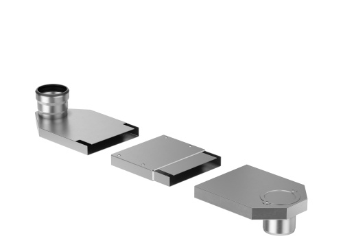 Das System der ACO Kaskadenentwässerung besteht grundsätzlich aus drei Komponenten: Fallrohraufnahme, Flachkanal und Auslaufstutzen.