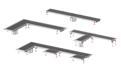 Die Rinnenverläufe lassen projektspezifisch anpassen – etwa durch die Integration von Winkelstücken (90° oder Sonderwinkel), T-Stücken oder Stichrinnen, die an vorhandene Ablaufleitungen oder Raumstrukturen angepasst werden.
