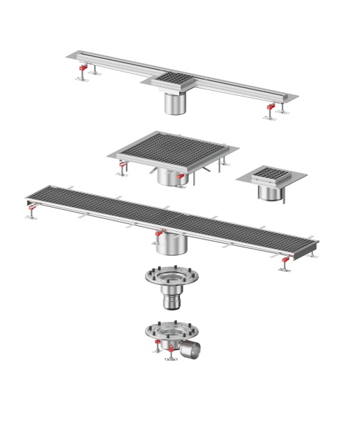 ACO Kastenrinne als Systemlösung: Alle Komponenten – von Rost und Schmutzfang über Ablaufkörper bis zum Zubehör – sind aufeinander abgestimmt und für verschiedene Bodenaufbauten und Anforderungen optimiert.
