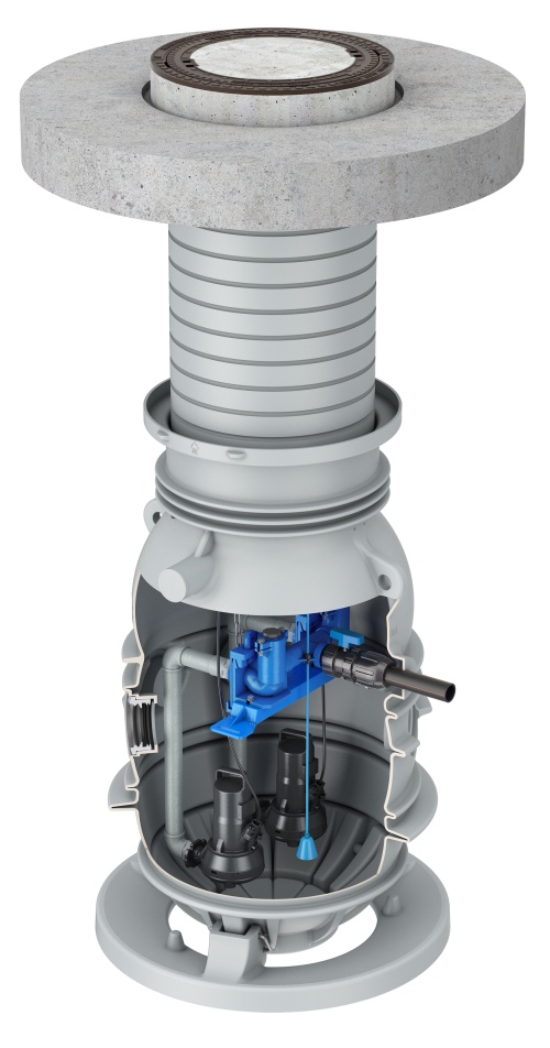 Die Fertigpumpstation ACO Muli-Max duo (zwei Pumpen) in der Ausführung Belastungsklasse D 400.