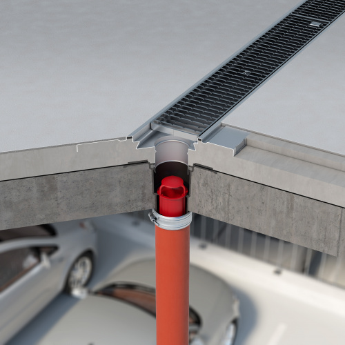 ACO Parkdeckrinne aus Edelstahl in Kombination mit dem Ablaufkörper Passavant und Brandschutzeinsatz.