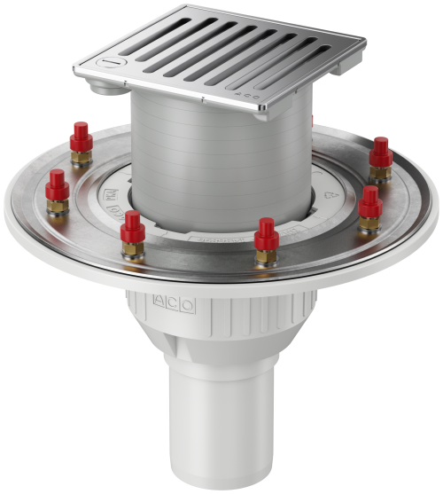 Der neue Bodenablauf ACO Passavant Pure, hier mit Pressdichtungsflansch und Aufsatzstück zur konventionellen Abdichtung.