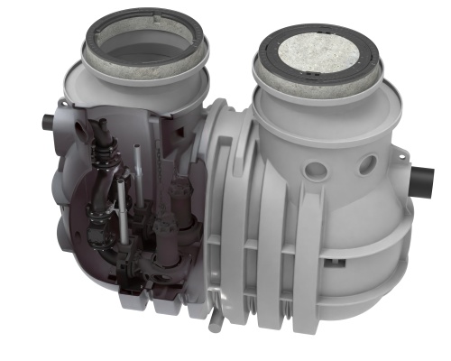 ACO Powerlift-P-H ist eine Großpumpstation aus Polyethylen für große Abwasser- und Regenwassermengen, auch in Kombination mit dem Fettabscheider LipuMax-P-H. Der Powerlift-P-H Behälter hat ein Volumen von 2090 l, mit einem Nutzvolumen von 1790 l.