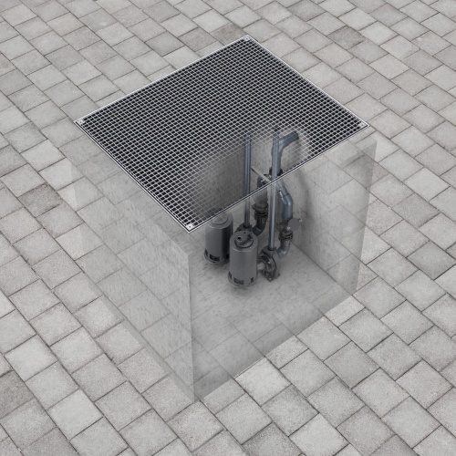 Wenn ein zusätzlicher Zufluss von Regenwasser über die eigentliche Abdeckung erfolgt, um beispielsweise den regelmäßigen Betrieb des Pumpsystems gewährleisten zu können, kommen in der Regel Rostabdeckungen zum Einsatz. 