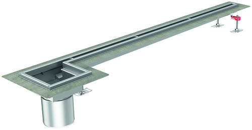 Der Einlaufkasten, Maße 200 x 200 mm, mit integriertem Gefälle von 1,5 %, kann je nach Bedarf/Situation links, mittig oder rechts positioniert sein (hier: links, mit Flansch). Der Rinnenübergang ist offen.