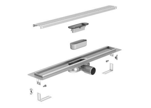 Bestandteile der Duschrinne ACO ShowerDrain C –von oben nach unten: Rost (hier: Design Square), zweiteiliger Geruchsverschluss und Rinne mit verschweißtem Ablauftop.