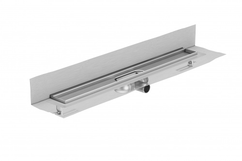 Duschrinne ACO ShowerDrain C (hier ohne Rost), Variante mit Wandaufkantung und Dichtmanschette, Sperrwasserhöhe 25 mm.