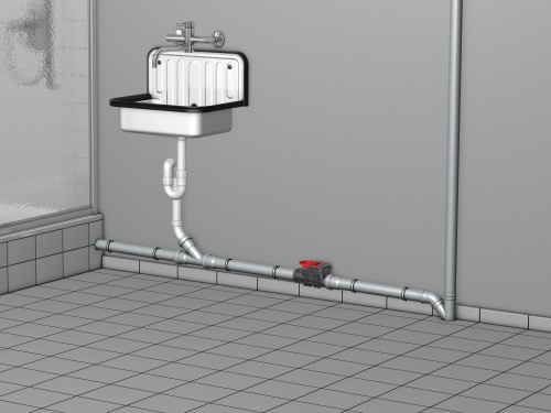 ACO Rückstauverschluss Triplex Typ 2 zum Einbau z.B. in die freiliegende Abwasserleitung der Souterrain-Dusche.