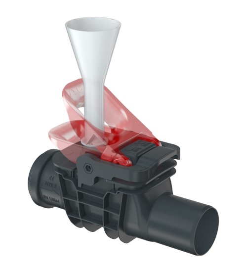 ACO Rückstauverschluss Triplex Typ 2 mit geöffnetem Notverschluss und Trichter zur Dichtigkeitsprüfung.