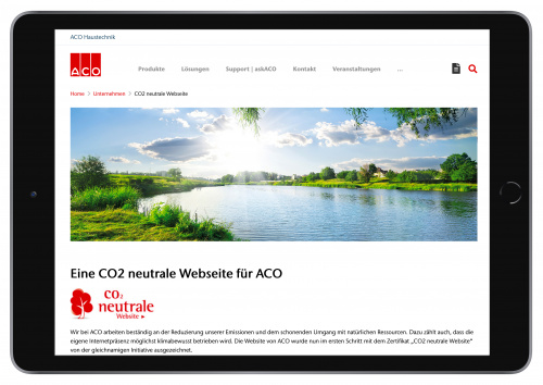 Die Website des Entwässerungsspezialisten ACO Haustechnik schmückt das Siegel "CO2-neutrale Website".