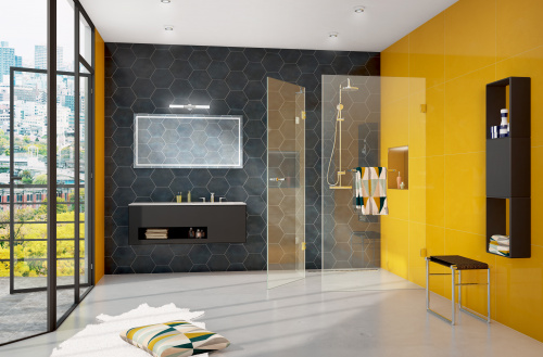 glassdouche Beschlag AUGUSTINA Modell 211, Eck-Dusche mit zwei Seitengläsern und einer am kurzen Seitenglas montierten Glastür.