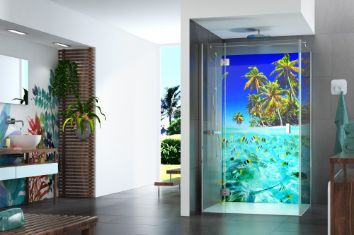 Eckdusche von glassdouche, Modell 211 mit massiven, innenbündigen Pendeltür-Beschlägen der Designserie AUGUSTINA.