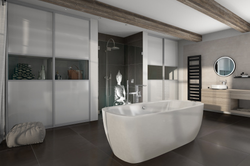 Die Dusch-Tür enthält das aufgelaserte Design-Motiv BUDDHA der Serie LETIZIA von glassdouche.