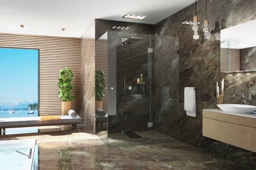 Eck-Dusche JOSEPHINE, Maße 140 x 100 x 200 cm (B x T x H), rechts ein festes Seitenglas, daran montiert eine Drehtür, links ebenfalls eine Drehtür.