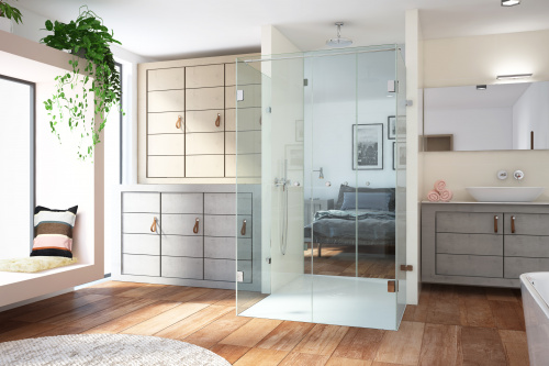 Duschkabine mit einer Fläche von 190 x 120 cm und zweiseitigem Zugang als Verbindung von Bad und Schlafzimmer.